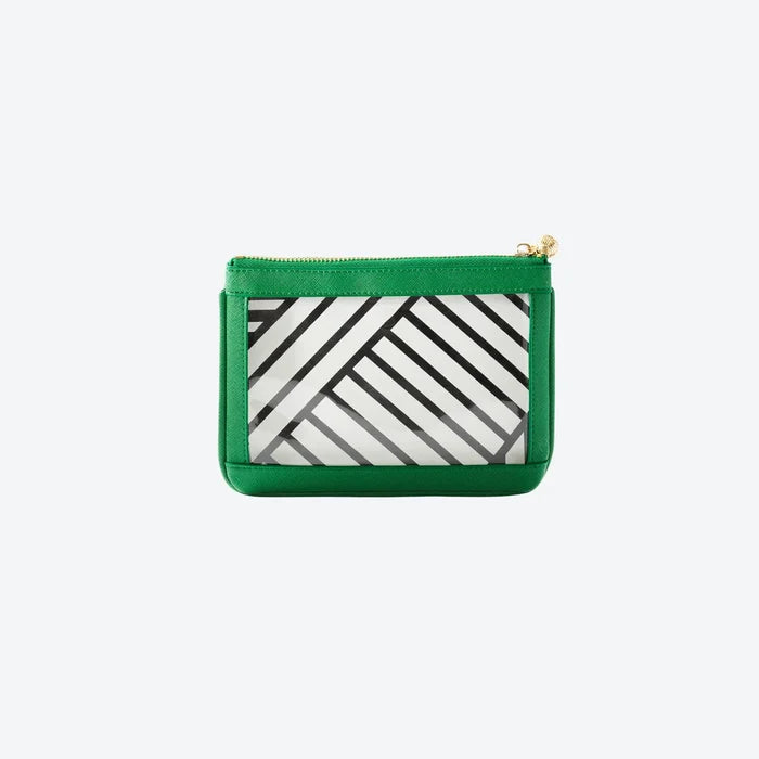 #2 Nudie Green Pouch — green vegan leather clear-window pouch with gold knot zipper