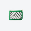 #2 Nudie Green Pouch — green vegan leather clear-window pouch with gold knot zipper
