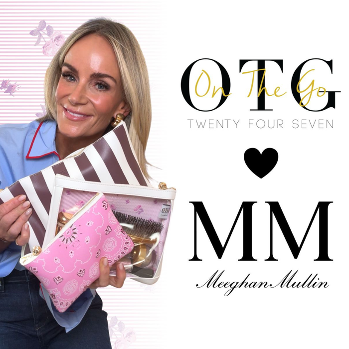 Meeghan Mullin holding makeup bags with 'On The Go Twenty Four Seven' and 'MM' branding.