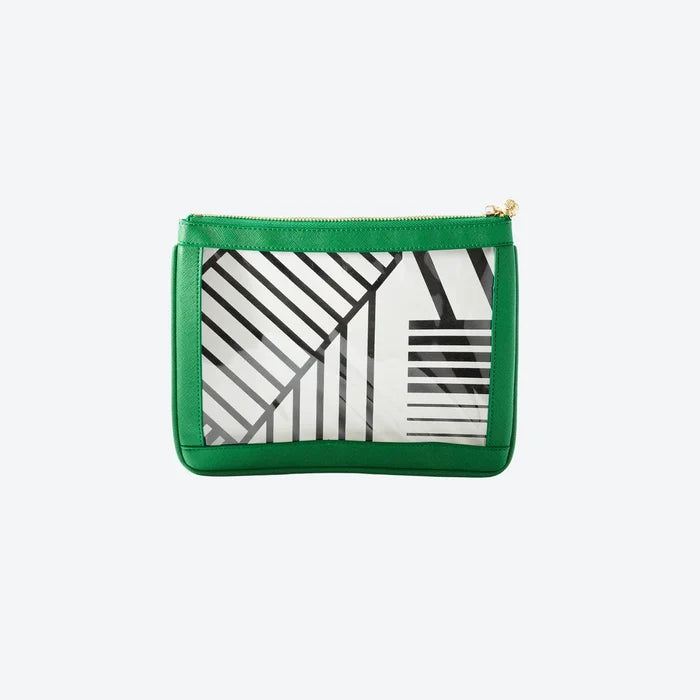 #4 Nudie Green Pouch — green vegan leather clear-window pouch with gold knot zipper