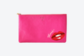 OTG|247 #5 Hot Pink Viv Lips Clutch, hot pink vegan leather with a red Muah! lips graphic and gold knot zipper pull