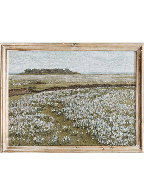 This Jacob Alberts fine art print, A Vast Summer Landscape, features soft green fields, white blooms, and a calm horizon in a vintage summer landscape poster.