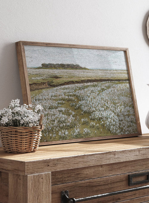 This Jacob Alberts fine art print, A Vast Summer Landscape, features soft green fields, white blooms, and a calm horizon in a vintage summer landscape poster.