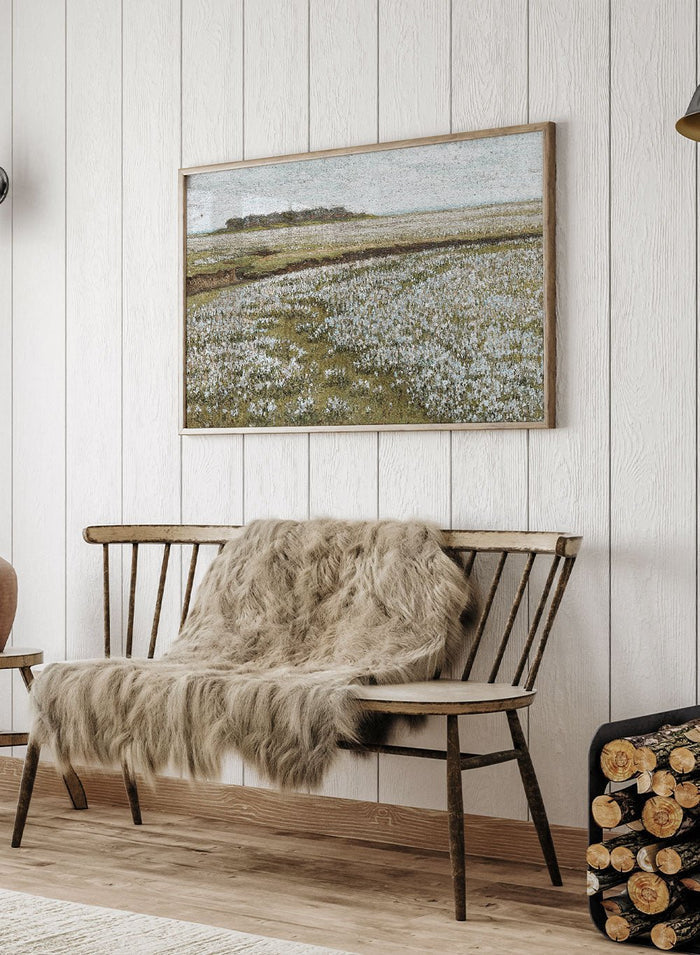 This Jacob Alberts fine art print, A Vast Summer Landscape, features soft green fields, white blooms, and a calm horizon in a vintage summer landscape poster.
