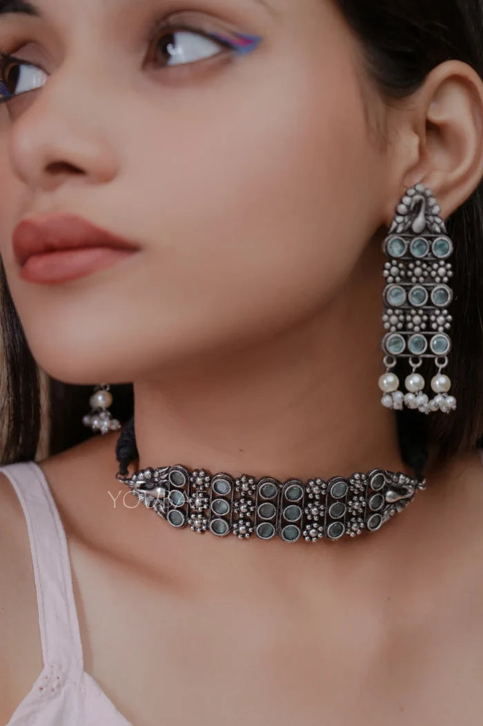 Akshara German Silver Neckpiece Set - With Matching Earrings
