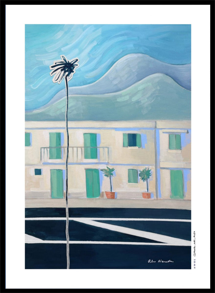 Alpes Maritimes With Palm Tree by Awol Art Alex is a modern French Riviera art print featuring a tall palm, mountain views, pastel buildings, and coastal color.