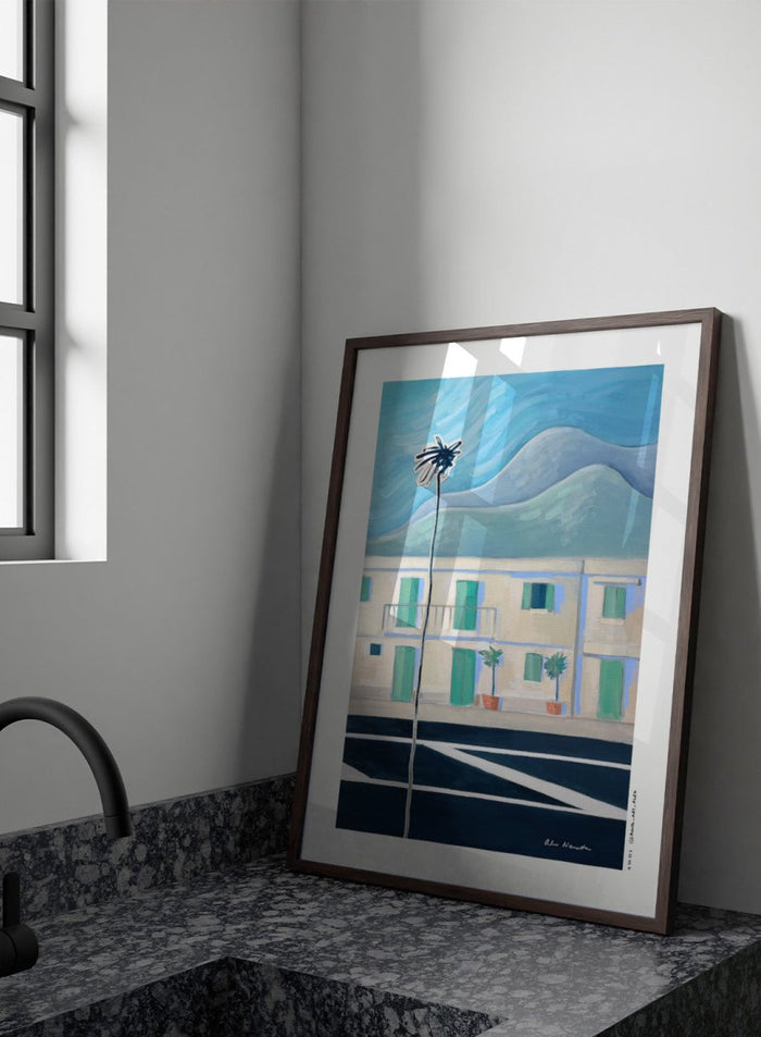 Alpes Maritimes With Palm Tree by Awol Art Alex is a modern French Riviera art print featuring a tall palm, mountain views, pastel buildings, and coastal color.