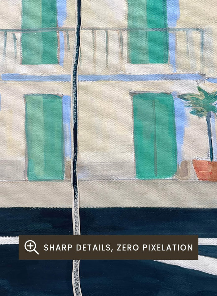 Alpes Maritimes With Palm Tree by Awol Art Alex is a modern French Riviera art print featuring a tall palm, mountain views, pastel buildings, and coastal color.