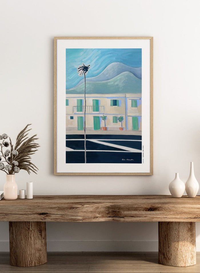 Alpes Maritimes With Palm Tree by Awol Art Alex is a modern French Riviera art print featuring a tall palm, mountain views, pastel buildings, and coastal color.