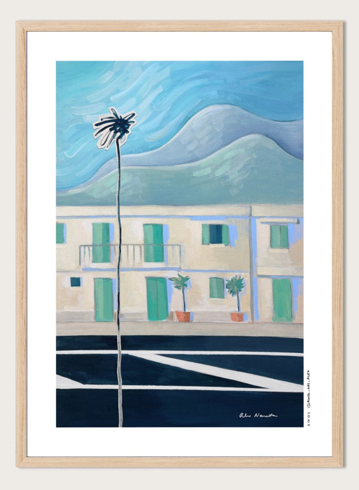 Alpes Maritimes With Palm Tree by Awol Art Alex is a modern French Riviera art print featuring a tall palm, mountain views, pastel buildings, and coastal color.