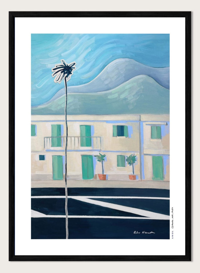 Alpes Maritimes With Palm Tree by Awol Art Alex is a modern French Riviera art print featuring a tall palm, mountain views, pastel buildings, and coastal color.