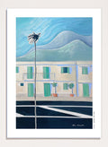 Alpes Maritimes With Palm Tree by Awol Art Alex is a modern French Riviera art print featuring a tall palm, mountain views, pastel buildings, and coastal color.