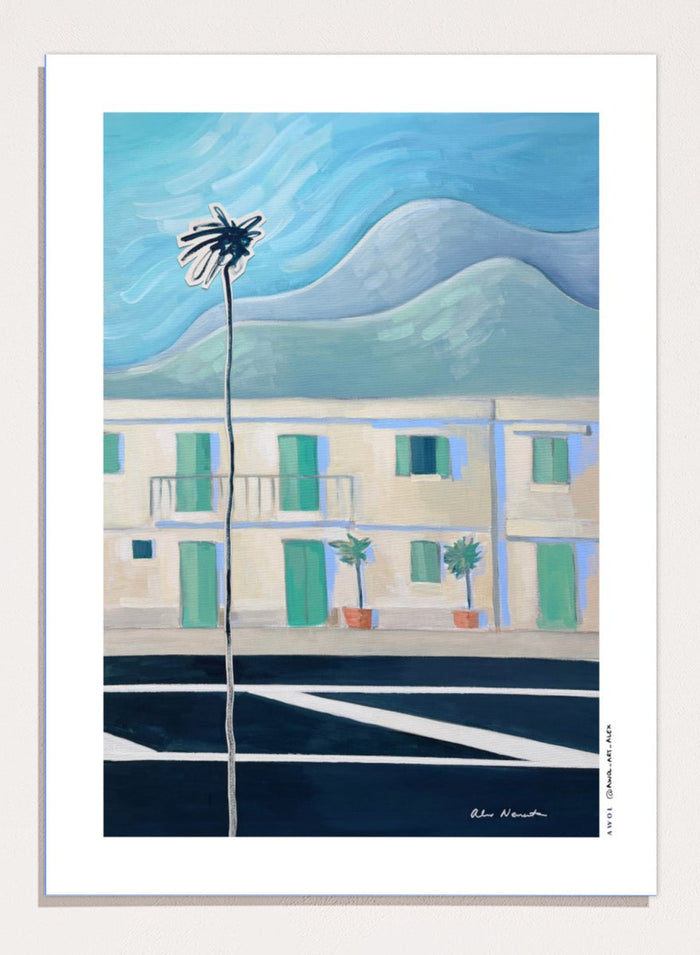 Alpes Maritimes With Palm Tree by Awol Art Alex is a modern French Riviera art print featuring a tall palm, mountain views, pastel buildings, and coastal color.