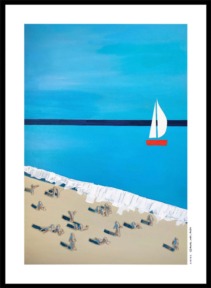 Minimalist Beach Day by Awol Art Alex is a modern coastal art print featuring tiny beachgoers, blue water, white waves, and a red sailboat.