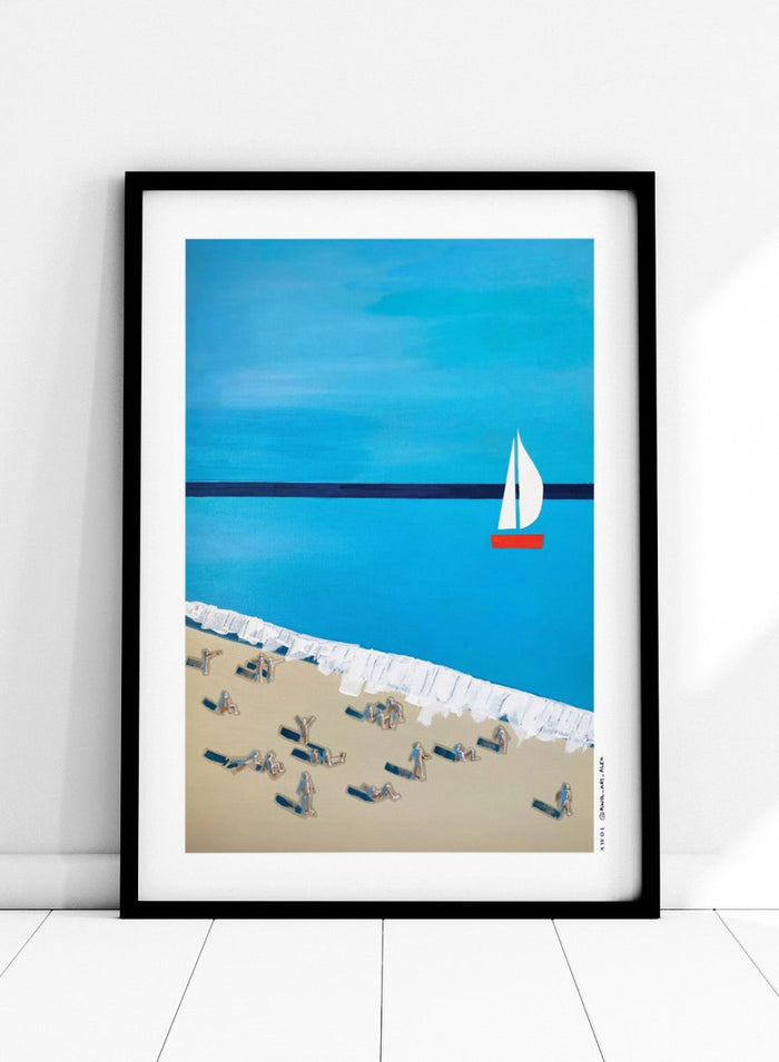 Minimalist Beach Day by Awol Art Alex is a modern coastal art print featuring tiny beachgoers, blue water, white waves, and a red sailboat.