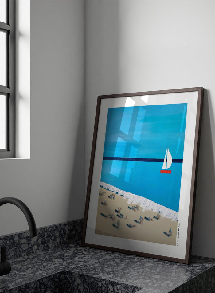 Minimalist Beach Day by Awol Art Alex is a modern coastal art print featuring tiny beachgoers, blue water, white waves, and a red sailboat.