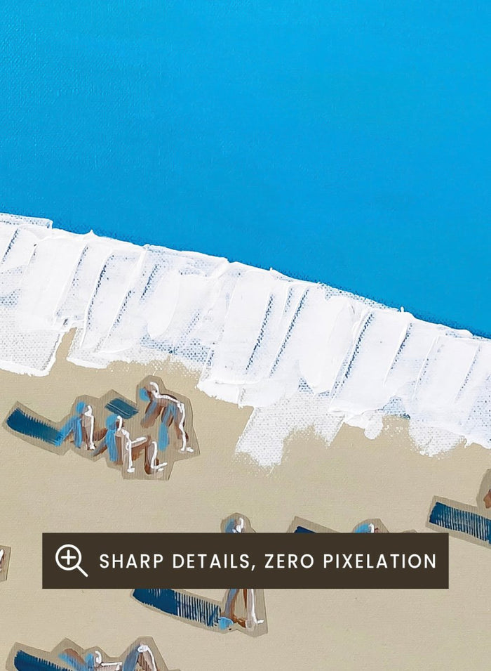 Minimalist Beach Day by Awol Art Alex is a modern coastal art print featuring tiny beachgoers, blue water, white waves, and a red sailboat.