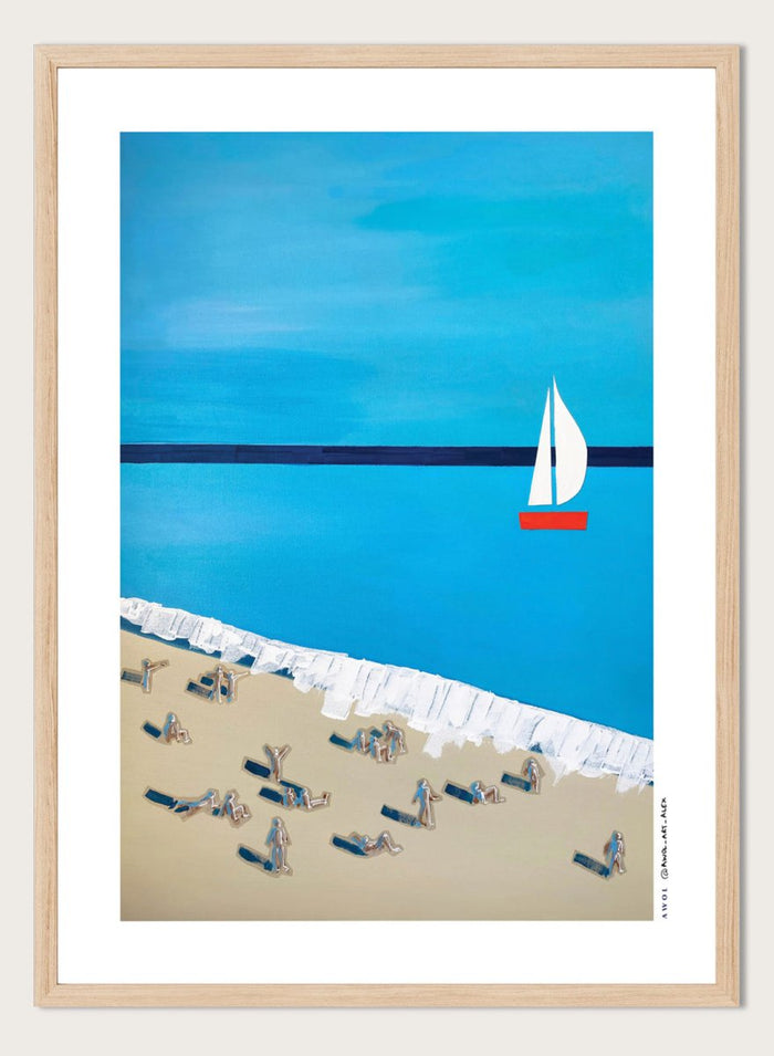 Minimalist Beach Day by Awol Art Alex is a modern coastal art print featuring tiny beachgoers, blue water, white waves, and a red sailboat.