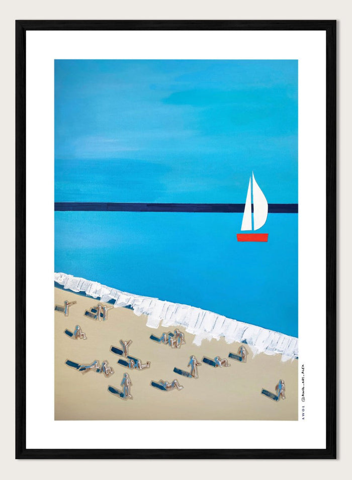 Minimalist Beach Day by Awol Art Alex is a modern coastal art print featuring tiny beachgoers, blue water, white waves, and a red sailboat.