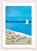 Minimalist Beach Day by Awol Art Alex is a modern coastal art print featuring tiny beachgoers, blue water, white waves, and a red sailboat.