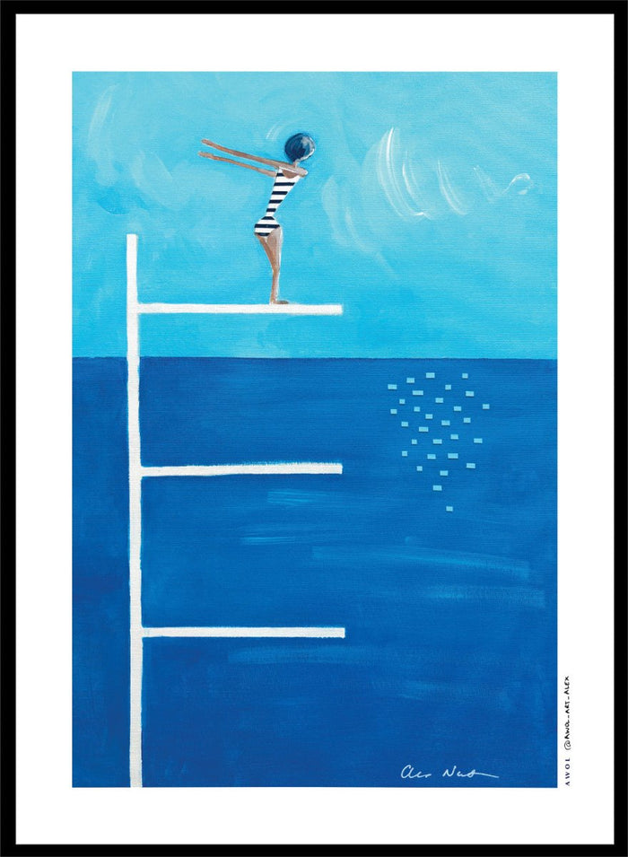 Ready to Dive by Awol Art Alex is a playful modern art print featuring a striped swimmer, tall diving board, vivid blue water, and retro summer style.
