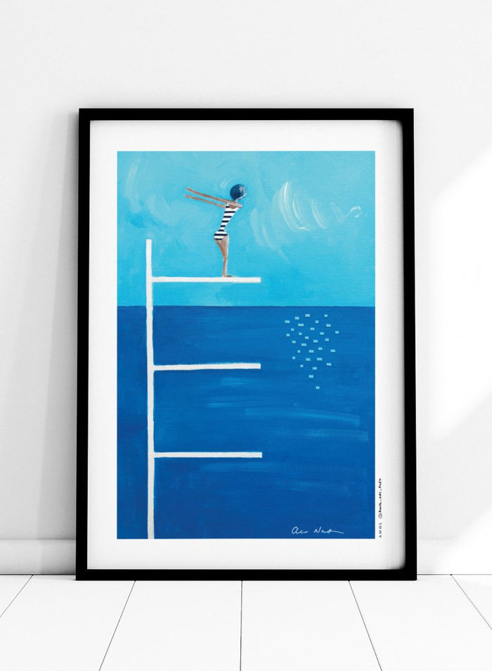 Ready to Dive by Awol Art Alex is a playful modern art print featuring a striped swimmer, tall diving board, vivid blue water, and retro summer style.