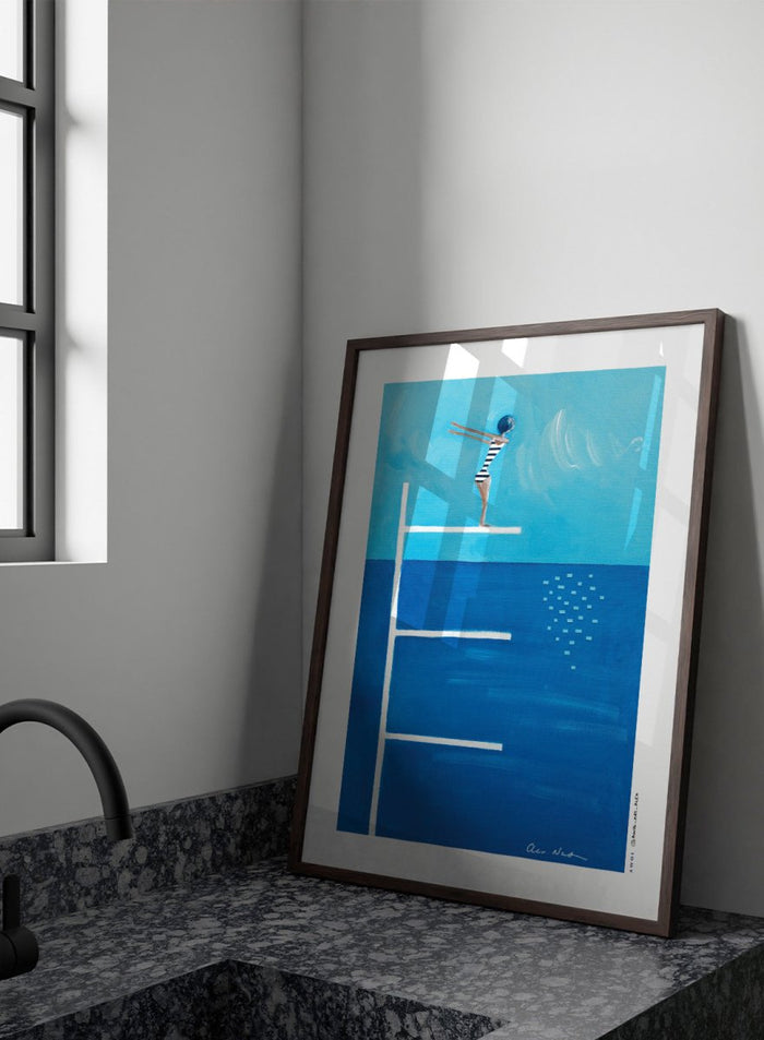 Ready to Dive by Awol Art Alex is a playful modern art print featuring a striped swimmer, tall diving board, vivid blue water, and retro summer style.