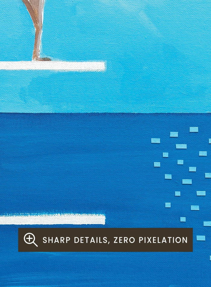 Ready to Dive by Awol Art Alex is a playful modern art print featuring a striped swimmer, tall diving board, vivid blue water, and retro summer style.