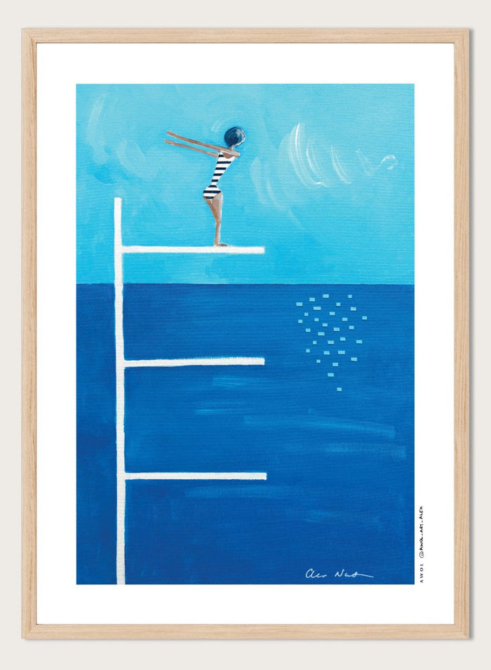 Ready to Dive by Awol Art Alex is a playful modern art print featuring a striped swimmer, tall diving board, vivid blue water, and retro summer style.