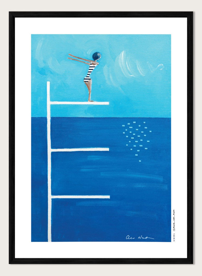 Ready to Dive by Awol Art Alex is a playful modern art print featuring a striped swimmer, tall diving board, vivid blue water, and retro summer style.