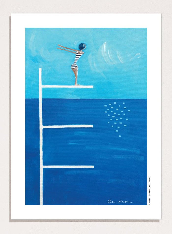 Ready to Dive by Awol Art Alex is a playful modern art print featuring a striped swimmer, tall diving board, vivid blue water, and retro summer style.
