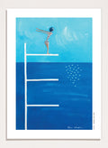 Ready to Dive by Awol Art Alex is a playful modern art print featuring a striped swimmer, tall diving board, vivid blue water, and retro summer style.