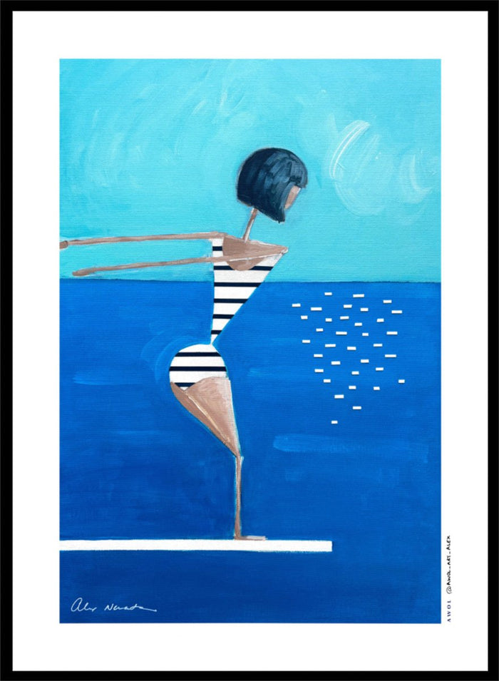 Summer Pool Diver by Awol Art Alex is a playful modern art print featuring a striped swimmer, bright blue water, and retro summer style.