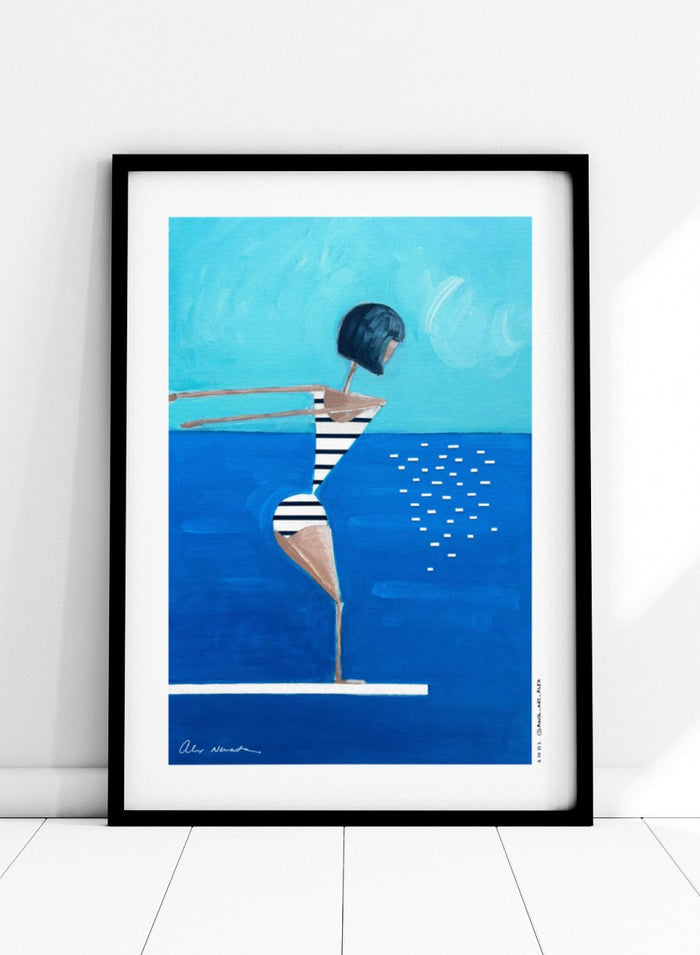 Summer Pool Diver by Awol Art Alex is a playful modern art print featuring a striped swimmer, bright blue water, and retro summer style.
