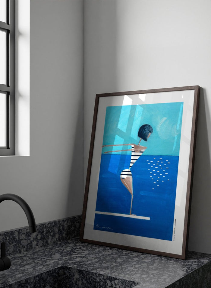 Summer Pool Diver by Awol Art Alex is a playful modern art print featuring a striped swimmer, bright blue water, and retro summer style.
