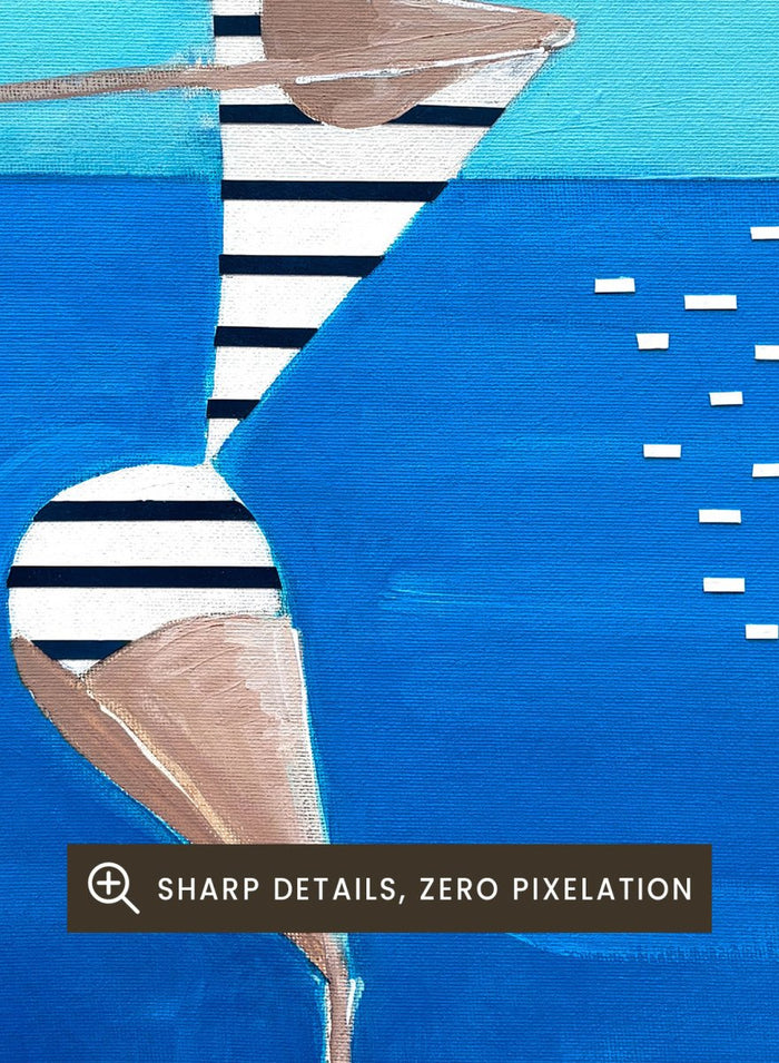 Summer Pool Diver by Awol Art Alex is a playful modern art print featuring a striped swimmer, bright blue water, and retro summer style.