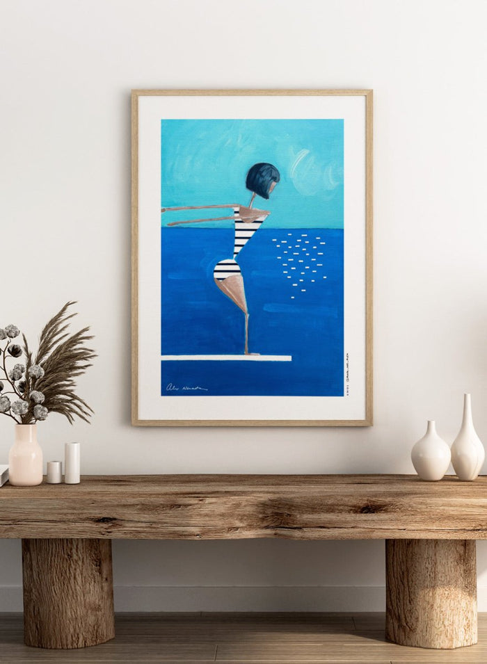 Summer Pool Diver by Awol Art Alex is a playful modern art print featuring a striped swimmer, bright blue water, and retro summer style.