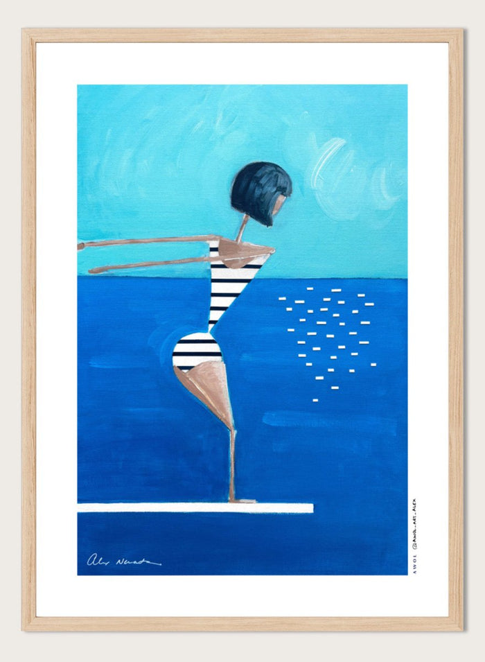 Summer Pool Diver by Awol Art Alex is a playful modern art print featuring a striped swimmer, bright blue water, and retro summer style.