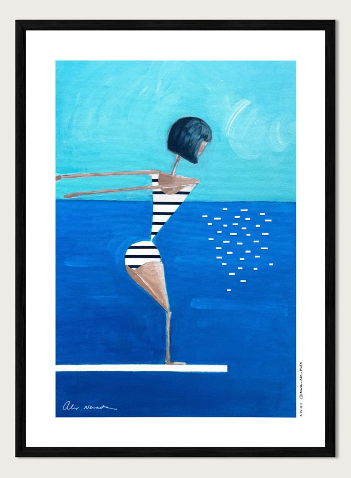 Summer Pool Diver by Awol Art Alex is a playful modern art print featuring a striped swimmer, bright blue water, and retro summer style.