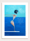 Summer Pool Diver by Awol Art Alex is a playful modern art print featuring a striped swimmer, bright blue water, and retro summer style.