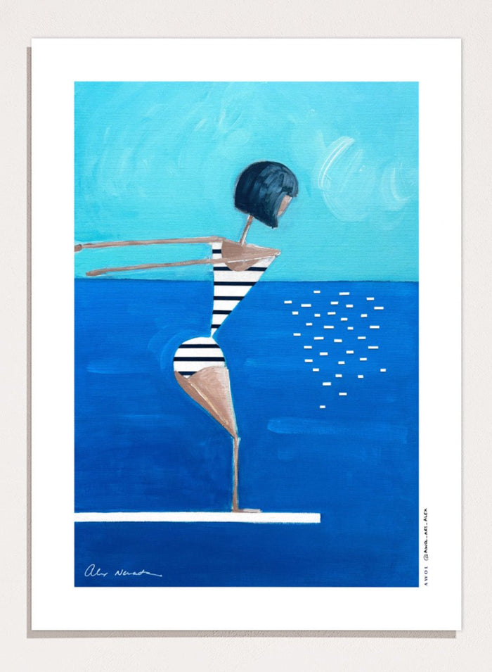 Summer Pool Diver by Awol Art Alex is a playful modern art print featuring a striped swimmer, bright blue water, and retro summer style.