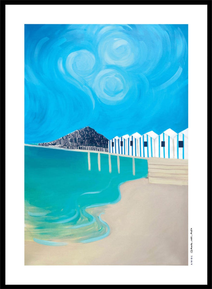 Vibrant Coastal Huts by Awol Art Alex is a modern coastal art print featuring striped beach huts, turquoise water, bold blue sky, and graphic seaside style.