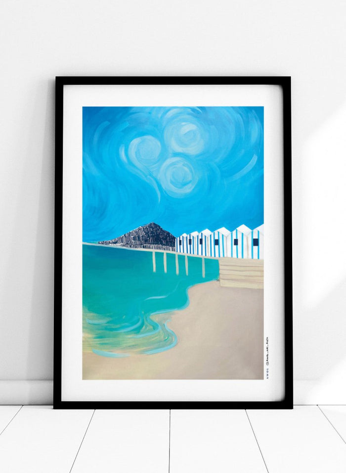 Vibrant Coastal Huts by Awol Art Alex is a modern coastal art print featuring striped beach huts, turquoise water, bold blue sky, and graphic seaside style.
