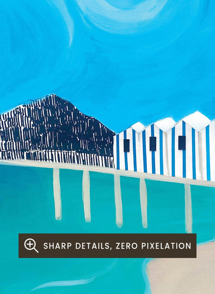 Vibrant Coastal Huts by Awol Art Alex is a modern coastal art print featuring striped beach huts, turquoise water, bold blue sky, and graphic seaside style.