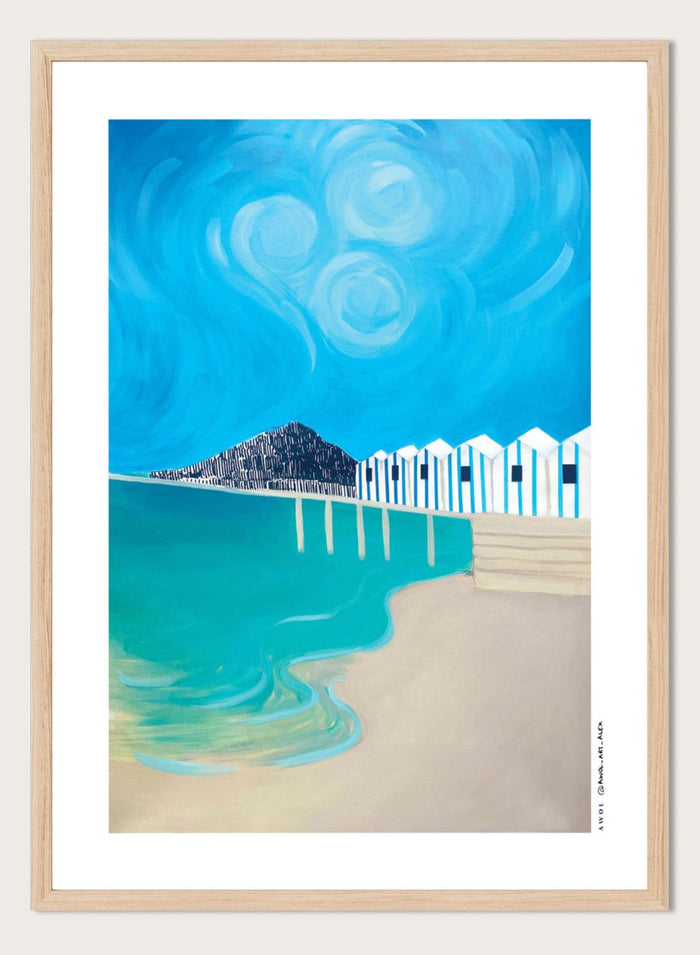 Vibrant Coastal Huts by Awol Art Alex is a modern coastal art print featuring striped beach huts, turquoise water, bold blue sky, and graphic seaside style.