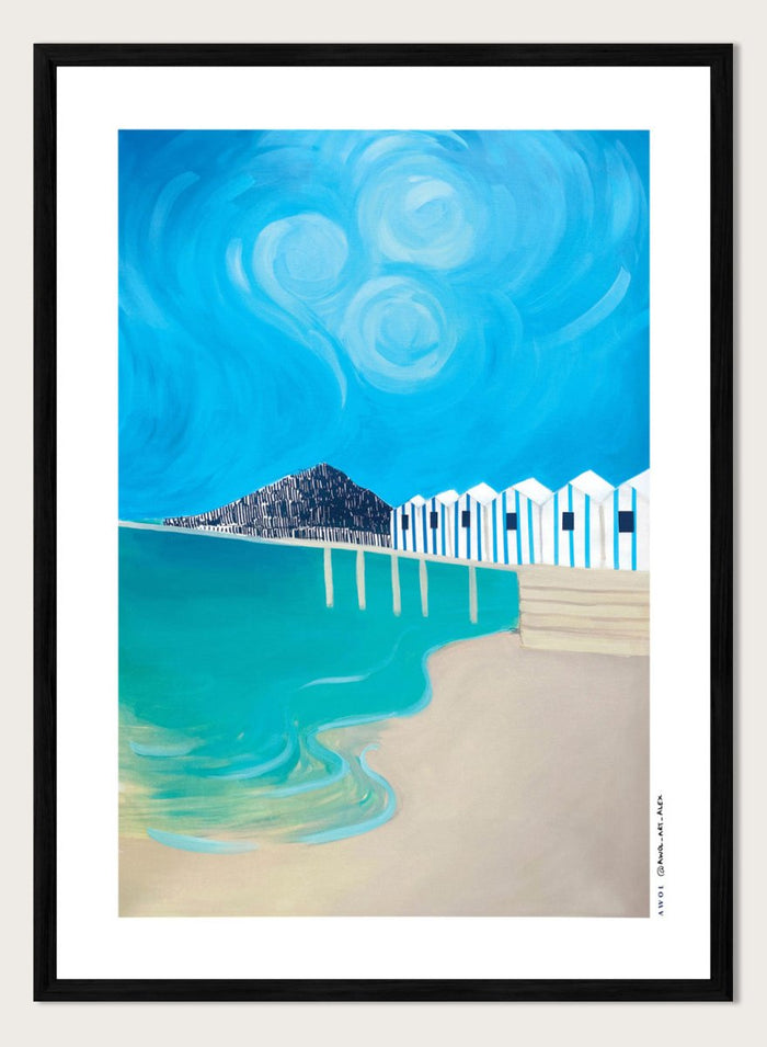 Vibrant Coastal Huts by Awol Art Alex is a modern coastal art print featuring striped beach huts, turquoise water, bold blue sky, and graphic seaside style.