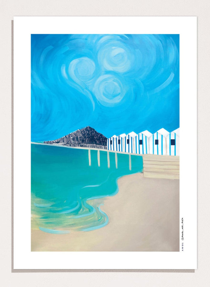 Vibrant Coastal Huts by Awol Art Alex is a modern coastal art print featuring striped beach huts, turquoise water, bold blue sky, and graphic seaside style.