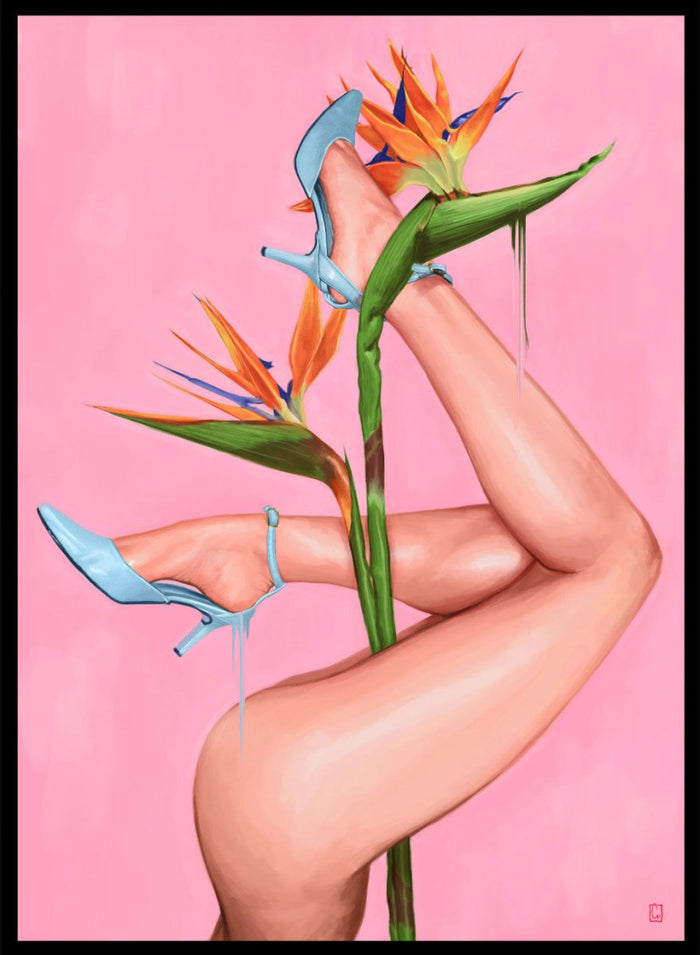 Legs wearing blue high heels with a pink background and bird of paradise flower.Bird of Paradise by Alexander Grahovsky art print featuring crossed legs in blue heels and a bold tropical flower on a pink background. Officially licensed surreal wall poster.