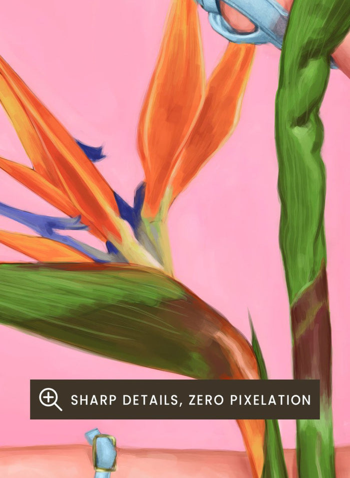 Legs wearing blue high heels with a pink background and bird of paradise flower. Bird of Paradise by Alexander Grahovsky art print featuring crossed legs in blue heels and a bold tropical flower on a pink background. Officially licensed surreal wall poster.