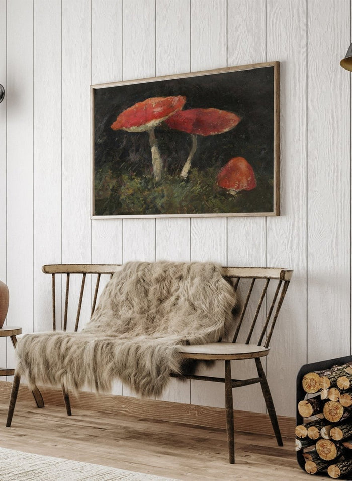 Amanitas by Gustav Macoun is a vintage still life print of red mushrooms in dark forest moss, a woodland nature print great for a rustic wall art collection.
